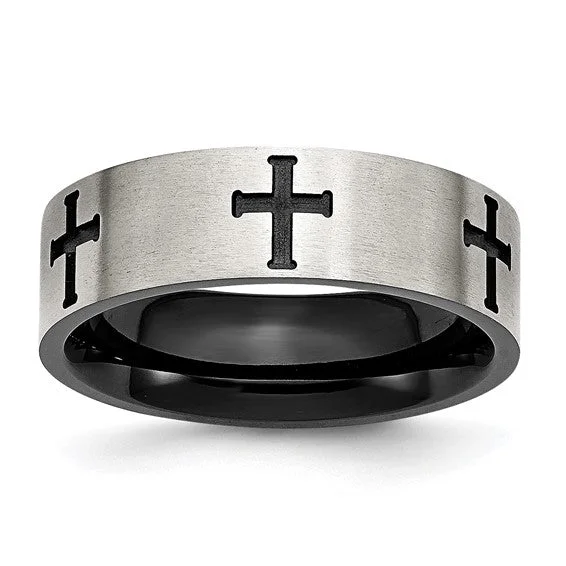Men's kinetic rings with moving partsStainless Steel Brushed Polished Black IP-plated Crosses 7mm Band Men's kinetic rings with moving partsStainless Steel Brushed Polished Black IP-plated Crosses 7mm Band