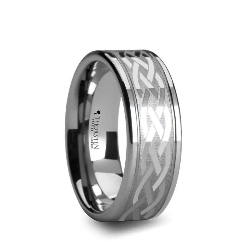 Men's pinky rings with a small gemstoneThorsten PAETUS Flat Dual Offset Grooved Tungsten Ring with Celtic Design - 8mm & 10mm Men's pinky rings with a small gemstoneThorsten PAETUS Flat Dual Offset Grooved Tungsten Ring with Celtic Design - 8mm & 10mm