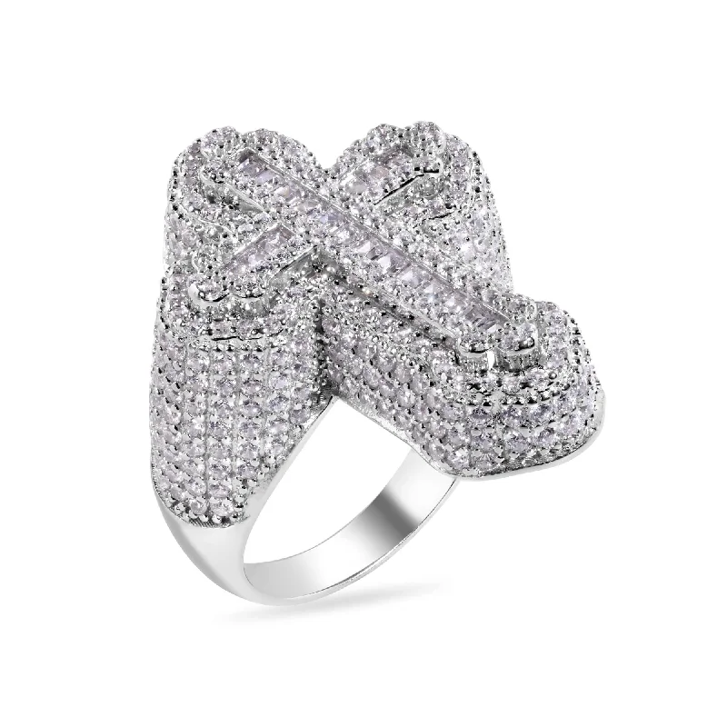 Men's cross - shaped rings for a religious statementRhodium Plated 925 Sterling Silver Cross Baguette Clear CZ Studded Top 31.5mm Ring - GMR00390