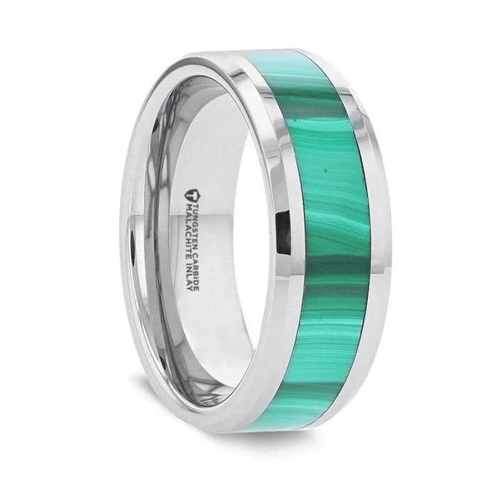 Men's beaded rings with semi - precious stonesThorsten MAHI Malachite Inlay Tungsten Carbide Ring with Polished Beveled Edges - 8mm Men's beaded rings with semi - precious stonesThorsten MAHI Malachite Inlay Tungsten Carbide Ring with Polished Beveled Edges - 8mm