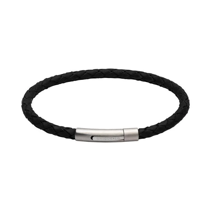 Unique & Co Stainless Steel Black Leather Bracelet