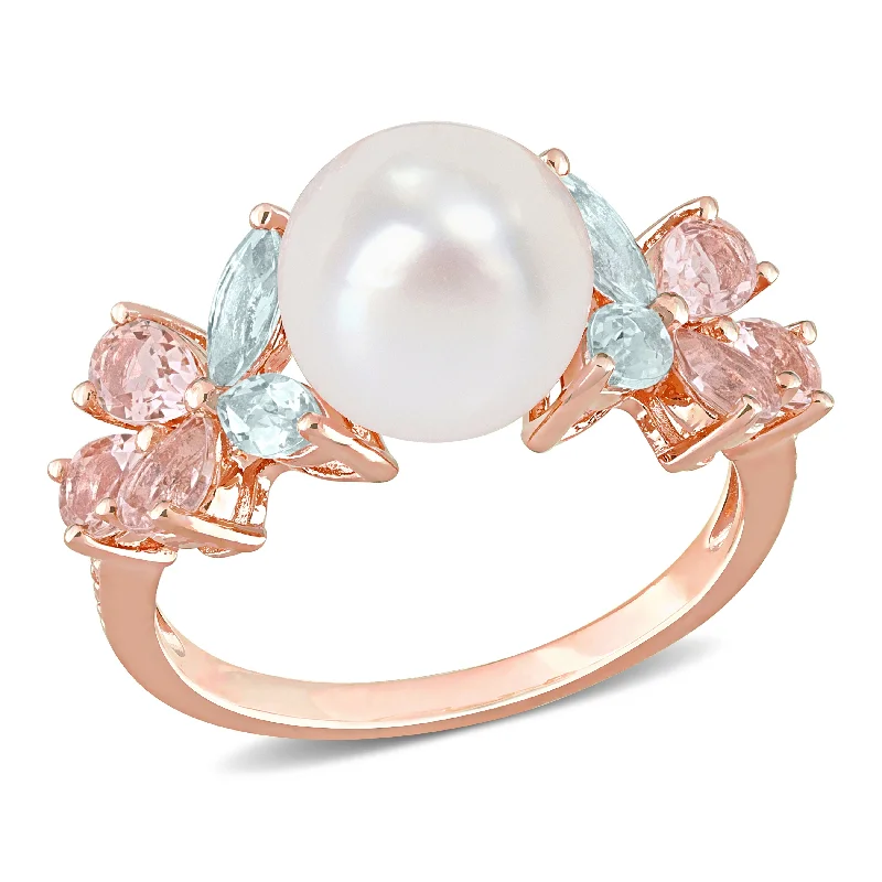 Miadora 8.5-9mm Cultured Freshwater Pearl and 1 2/5ct TGW Morganite Aquamarine White Topaz Cocktail Ring in 18k Rose Silver Miadora 8.5-9mm Cultured Freshwater Pearl and 1 2/5ct TGW Morganite Aquamarine White Topaz Cocktail Ring in 18k Rose Silver