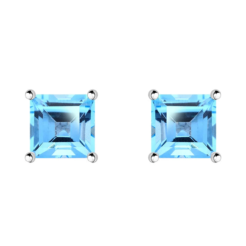 9ct White Gold Blue Topaz 5mm Princess Cut Claw Set Stud Earrings