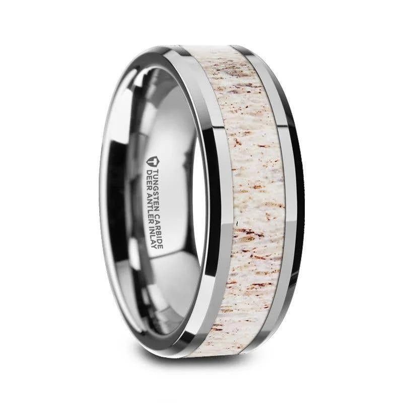 Men's stackable rings for a layered lookThorsten WHITETAIL Tungsten Carbide Men's Wedding Band with Off-White Deer Antler Inlay - 8mm Men's stackable rings for a layered lookThorsten WHITETAIL Tungsten Carbide Men's Wedding Band with Off-White Deer Antler Inlay - 8mm