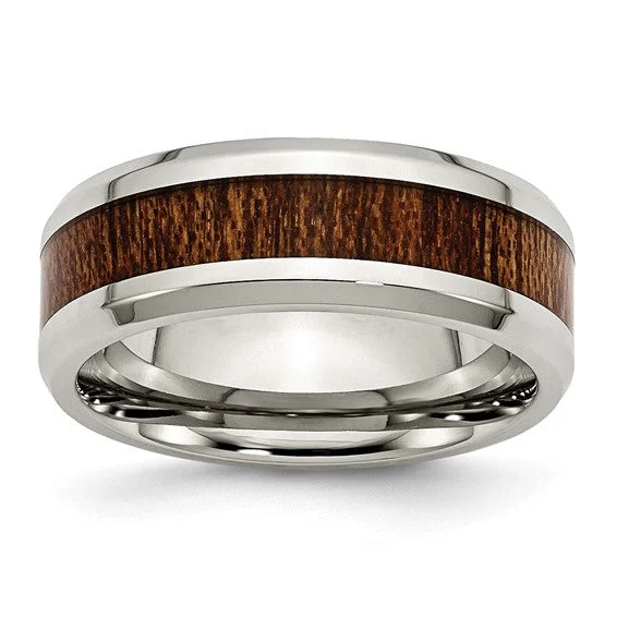 Men's kinetic rings with moving partsStainless Steel Polished Brown Koa Wood Inlay Enameled 8mm Band Men's kinetic rings with moving partsStainless Steel Polished Brown Koa Wood Inlay Enameled 8mm Band
