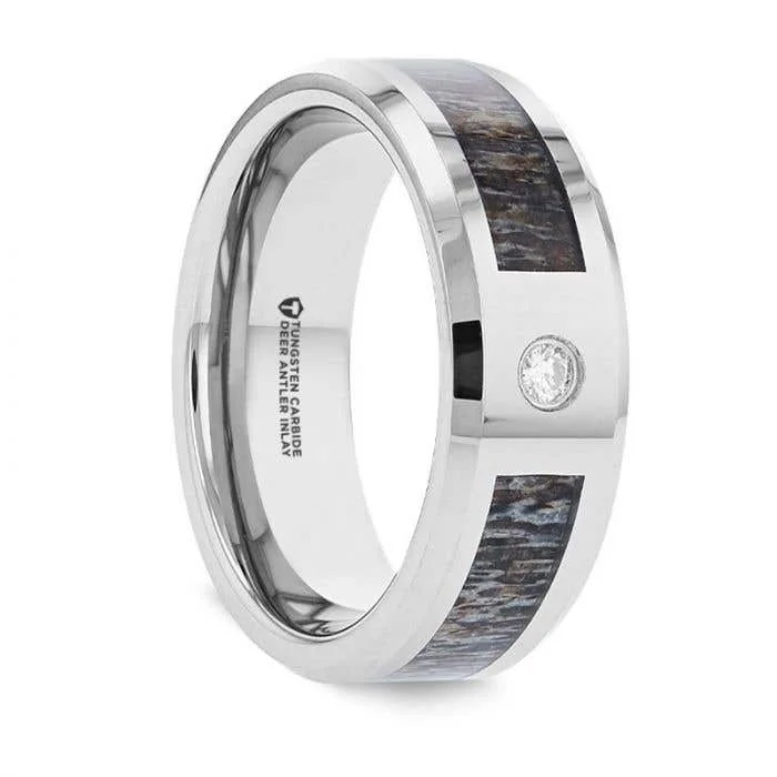 Men's stackable rings for a layered lookThorsten COLTON Tungsten Carbide Ombre Deer Antler Inlay Polished Beveled Edges with Diamond - 8mm Men's stackable rings for a layered lookThorsten COLTON Tungsten Carbide Ombre Deer Antler Inlay Polished Beveled Edges with Diamond - 8mm