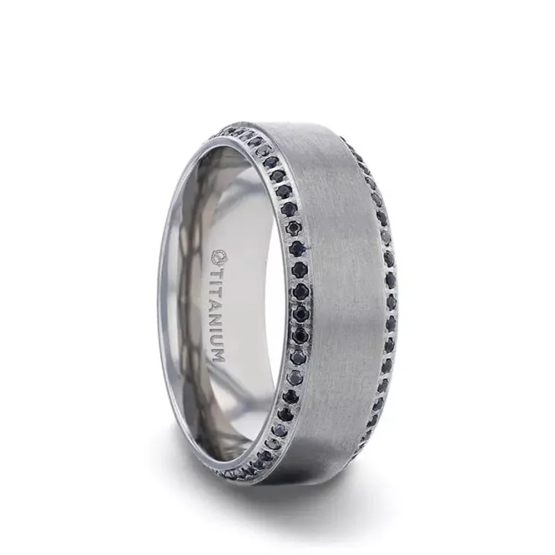 Men's opal - featured rings with iridescent colorsThorsten CHAMPION Flat Brushed Center Titanium Men's Wedding Band with Black Sapphire Polished Beveled Edges - 8mm Men's opal - featured rings with iridescent colorsThorsten CHAMPION Flat Brushed Center Titanium Men's Wedding Band with Black Sapphire Polished Beveled Edges - 8mm
