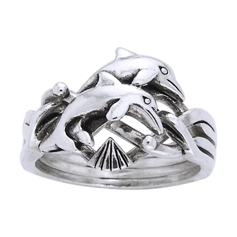 Puzzle rings with a dragonfly pattern for change and adaptabilityDolphin Puzzle Ring Sterling Silver Four Band