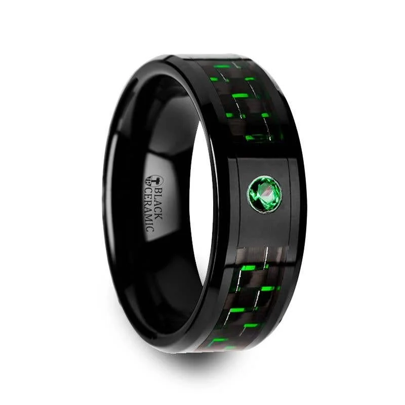 Men's citrine - studded rings for a sunny yellow shadeThorsten HADAR Black Ceramic Ring Black and Green Carbon Fiber Emerald Setting - 8mm Men's citrine - studded rings for a sunny yellow shadeThorsten HADAR Black Ceramic Ring Black and Green Carbon Fiber Emerald Setting - 8mm