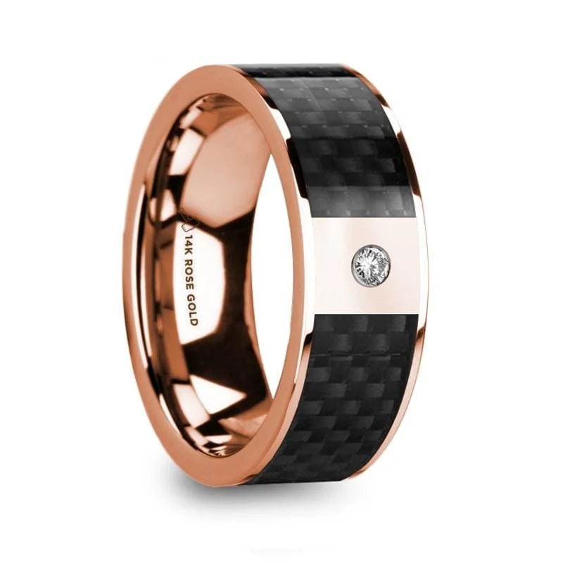 Men's thumb rings with a wide bandHERMEROS Black Carbon Fiber Inlaid 14k Rose Gold Polished Ring with Diamond Accent Men's thumb rings with a wide bandHERMEROS Black Carbon Fiber Inlaid 14k Rose Gold Polished Ring with Diamond Accent