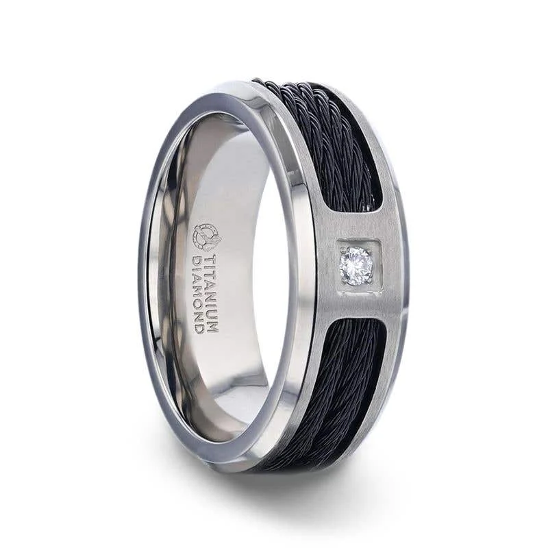 Men's sapphire - set rings for a royal blue hueThorsten SECTOR Black Rope Cables Inlaid Brushed Finish Titanium Men's Wedding Ring with Diamond Centered And Beveled Polished Edges - 8mm
