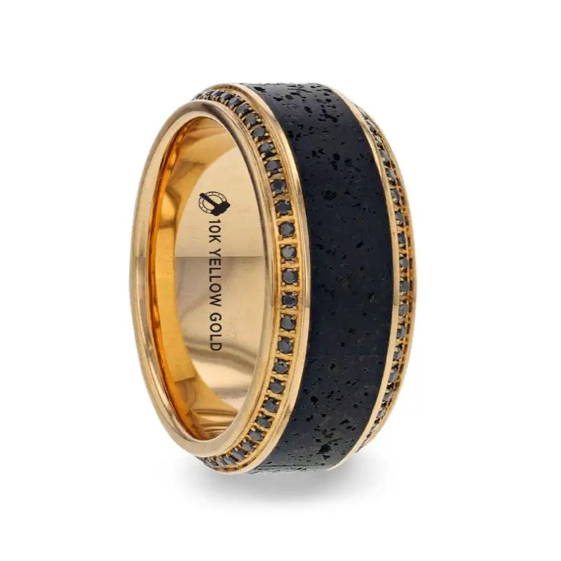 Men's ruby - adorned rings for a bold red colorHYPERION Lava Inlaid 10K Yellow Gold Wedding Ring Polished Beveled Edges Set with Round Black Diamonds Men's ruby - adorned rings for a bold red colorHYPERION Lava Inlaid 10K Yellow Gold Wedding Ring Polished Beveled Edges Set with Round Black Diamonds