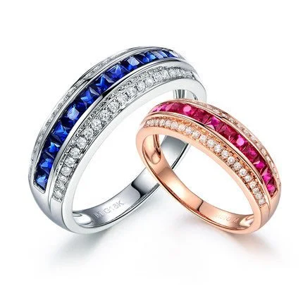 Anniversary rings with a diamond - and - malachite combinationRuby Sapphire Diamond Railway Couple Birthstone Band 18K Gold Anniversary rings with a diamond - and - malachite combinationRuby Sapphire Diamond Railway Couple Birthstone Band 18K Gold