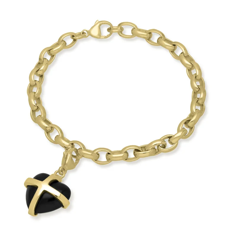 9ct Yellow Gold Whitby Jet Medium Cross Heart Charm Bracelet