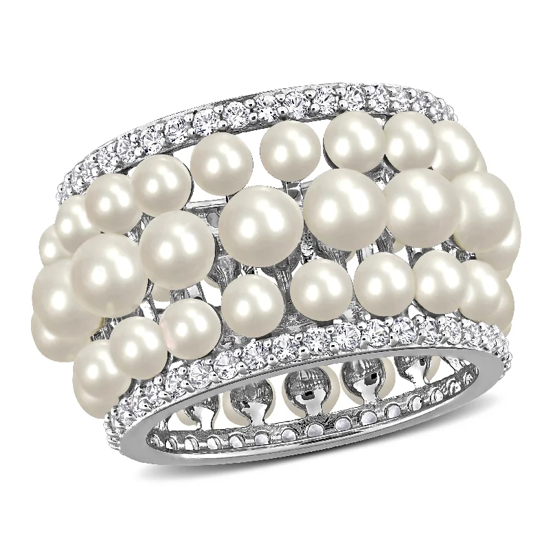Miadora White Cultured Freshwater Pearl and 1-3/5ct TGW Created White Sapphire Multi-row Ring in Sterling Silver Miadora White Cultured Freshwater Pearl and 1-3/5ct TGW Created White Sapphire Multi-row Ring in Sterling Silver