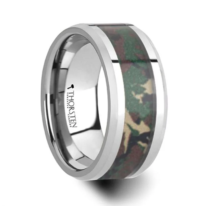 Men's stainless - steel promise rings with a matte finishCOMMANDO Tungsten Wedding Ring with Military Style Jungle Camouflage Inlay Men's stainless - steel promise rings with a matte finishCOMMANDO Tungsten Wedding Ring with Military Style Jungle Camouflage Inlay