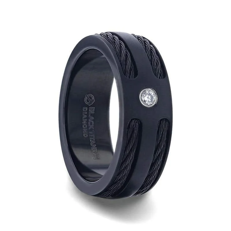 Men's stackable rings for a layered lookThorsten NOIR Double Black Rope Inlaid Brushed Matte Black Titanium Men's Wedding Band With Black Edge Channel Setting And White Diamond In The Center - 8mm Men's stackable rings for a layered lookThorsten NOIR Double Black Rope Inlaid Brushed Matte Black Titanium Men's Wedding Band With Black Edge Channel Setting And White Diamond In The Center - 8mm