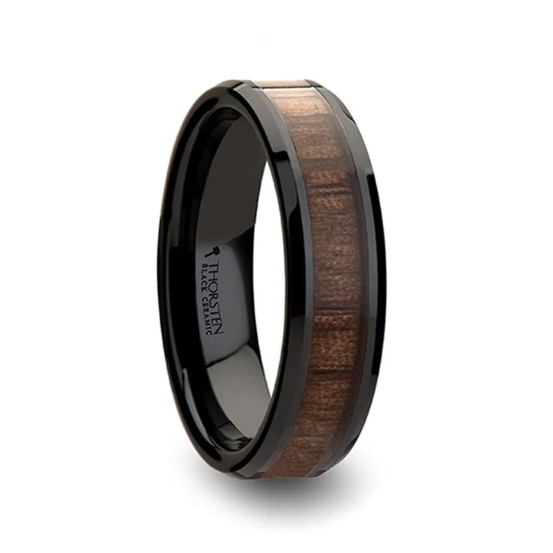 Men's ruby - adorned rings for a bold red colorYUKON Beveled Black Ceramic Ring with Black Walnut Wood Inlay Men's ruby - adorned rings for a bold red colorYUKON Beveled Black Ceramic Ring with Black Walnut Wood Inlay