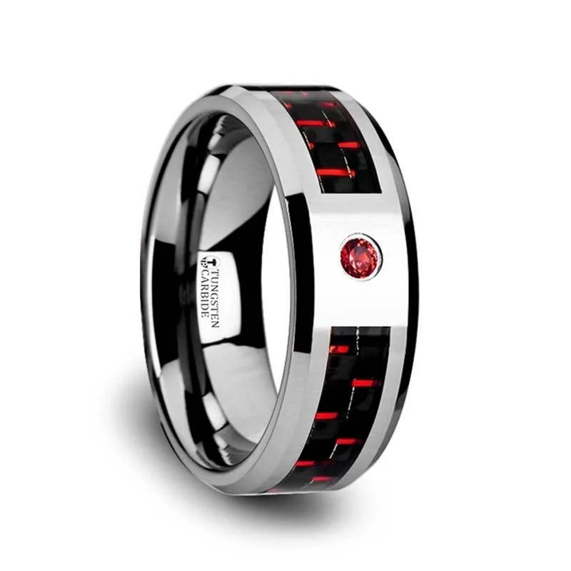 Men's tungsten carbide rings with a brushed textureThorsten ADRIAN Tungsten Carbide Ring with Black and Red Carbon Fiber and Red Ruby Setting with Bevels - 8mm Men's tungsten carbide rings with a brushed textureThorsten ADRIAN Tungsten Carbide Ring with Black and Red Carbon Fiber and Red Ruby Setting with Bevels - 8mm