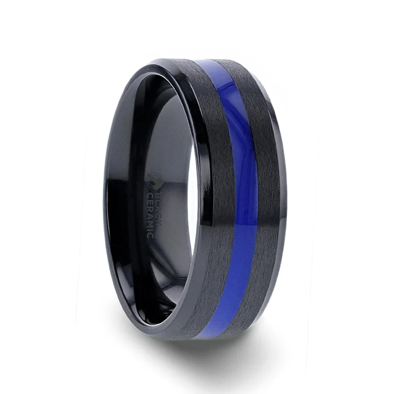 Men's Celtic - pattern rings with intricate designsDECLAN Men’s Beveled Black Ceramic Brushed Finish Wedding Band with Polished Blue Stripe - 8mm Men's Celtic - pattern rings with intricate designsDECLAN Men’s Beveled Black Ceramic Brushed Finish Wedding Band with Polished Blue Stripe - 8mm