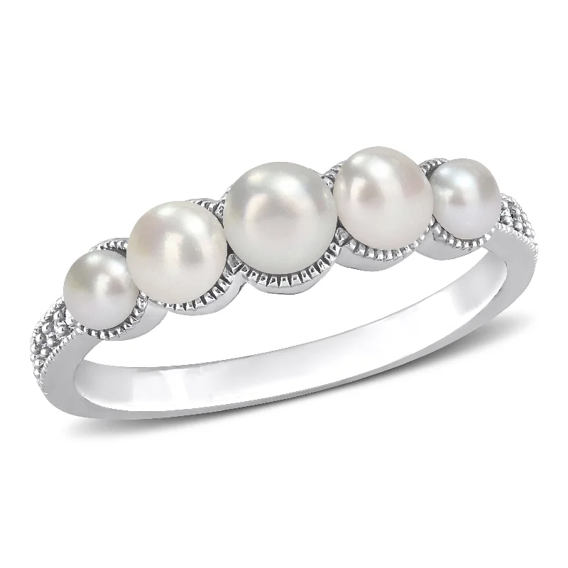 Miadora Cultured Freshwater Pearl and Diamond Accent Halo Five Stone Ring in 14k White Gold Miadora Cultured Freshwater Pearl and Diamond Accent Halo Five Stone Ring in 14k White Gold