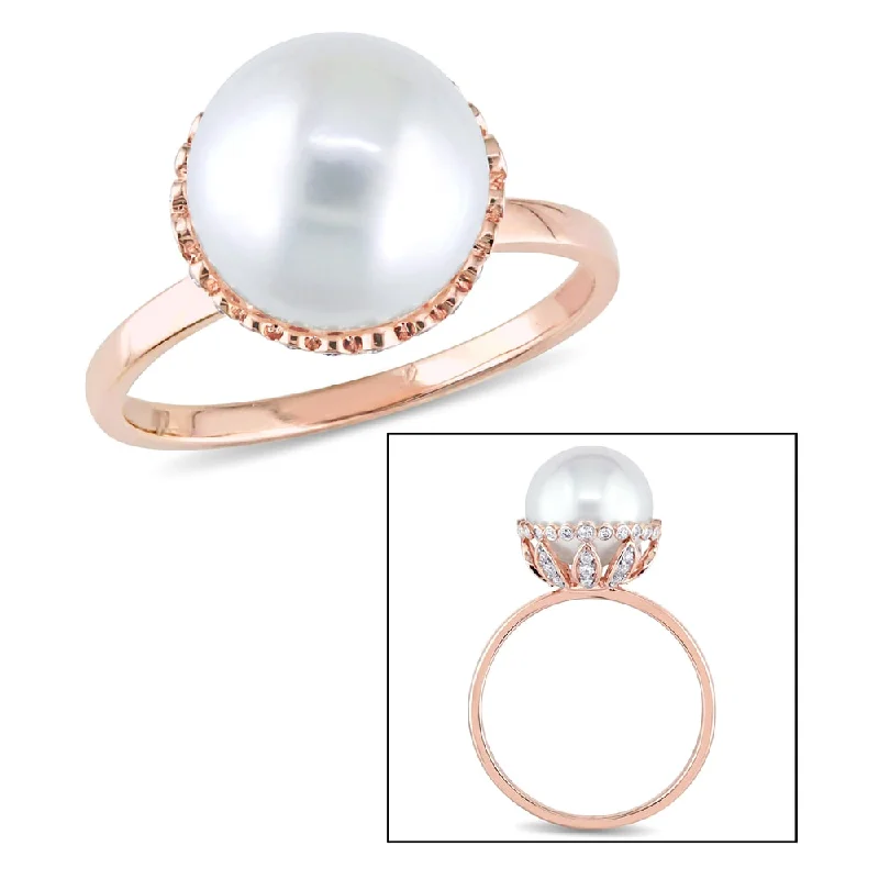 Miadora 14k Rose Gold White Cultured Freshwater Pearl and 1/4ct TDW Diamond Halo Ring (9.5-10 mm) (G Miadora 14k Rose Gold White Cultured Freshwater Pearl and 1/4ct TDW Diamond Halo Ring (9.5-10 mm) (G
