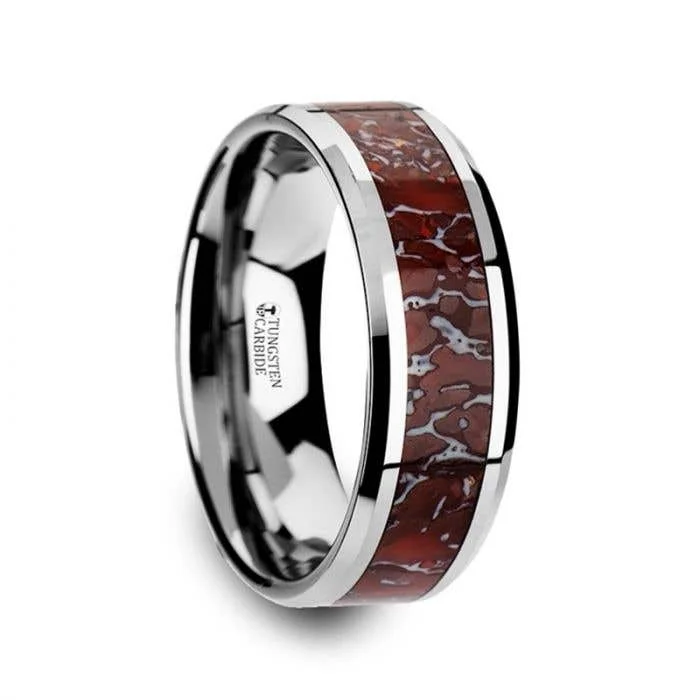 Men's laser - engraved rings with custom messagesThorsten JURASSIC Red Dinosaur Bone Inlaid Tungsten Carbide Beveled Edged Ring - 4mm & 8mm Men's laser - engraved rings with custom messagesThorsten JURASSIC Red Dinosaur Bone Inlaid Tungsten Carbide Beveled Edged Ring - 4mm & 8mm