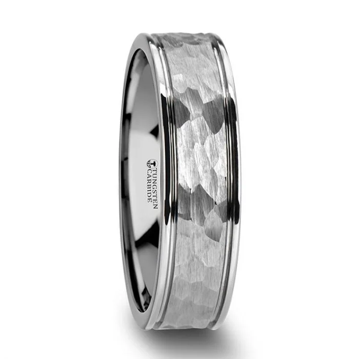 Men's Celtic - pattern rings with intricate designsTHORNTON Hammered Finish Center White Tungsten Carbide Wedding Band with Dual Offset Grooves and Polished Edges Men's Celtic - pattern rings with intricate designsTHORNTON Hammered Finish Center White Tungsten Carbide Wedding Band with Dual Offset Grooves and Polished Edges