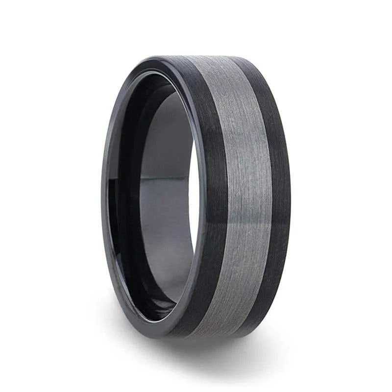 Men's budget - friendly rings for cost - conscious shoppersThorsten ENDAST Ceramic Inlay Black Tungsten Wedding Band With Flat Brushed Edges - 8mm Men's budget - friendly rings for cost - conscious shoppersThorsten ENDAST Ceramic Inlay Black Tungsten Wedding Band With Flat Brushed Edges - 8mm