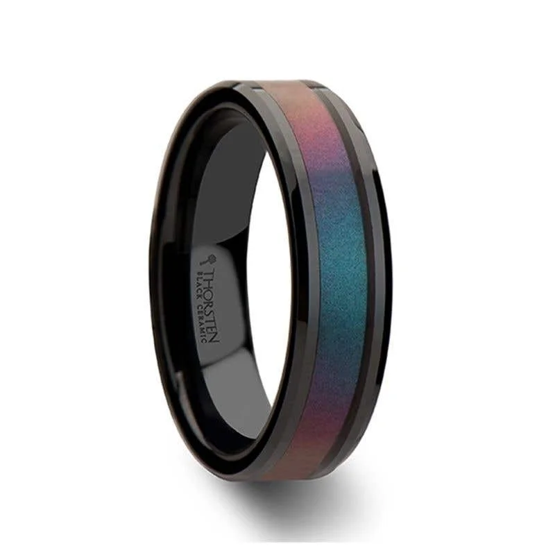Men's music - note rings for musiciansThorsten BARRACUDA Black Ceramic Ring with Bevels and Blue-Purple Color Changing Inlay - 6mm - 10mm Men's music - note rings for musiciansThorsten BARRACUDA Black Ceramic Ring with Bevels and Blue-Purple Color Changing Inlay - 6mm - 10mm