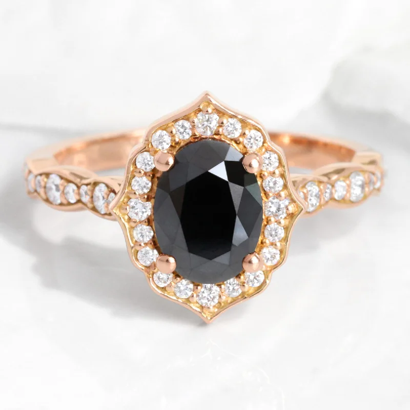 Cushion - Cut Women's Diamond Rings in Platinum with a Soft and Romantic AppearanceOval Black Diamond Engagement Ring in Vintage Floral Scalloped Band Cushion - Cut Women's Diamond Rings in Platinum with a Soft and Romantic AppearanceOval Black Diamond Engagement Ring in Vintage Floral Scalloped Band