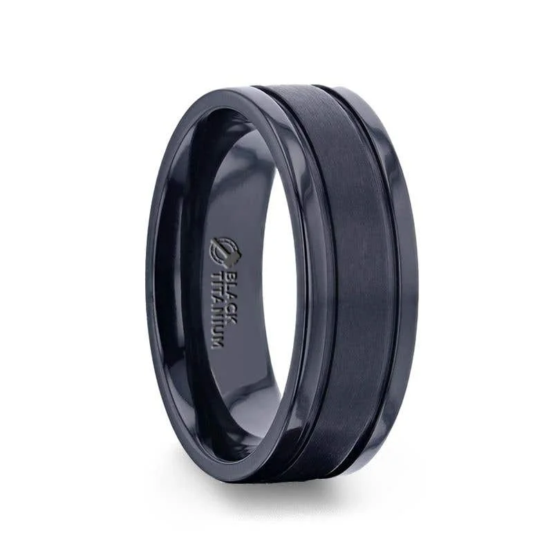 Men's sapphire - set rings for a royal blue hueThorsten WOLVERINE Brushed Center Black Titanium Men's Wedding Band With Polished Dual Offset Grooves - 8mm Men's sapphire - set rings for a royal blue hueThorsten WOLVERINE Brushed Center Black Titanium Men's Wedding Band With Polished Dual Offset Grooves - 8mm