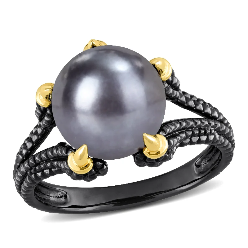 Miadora 10.5-11 mm Cultured Freshwater Pearl Split-Shank Ring in Black and Yellow Silver Miadora 10.5-11 mm Cultured Freshwater Pearl Split-Shank Ring in Black and Yellow Silver