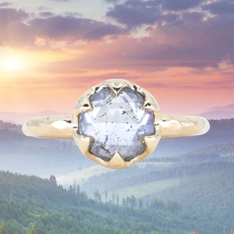 Three - Stone Women's Diamond Rings Symbolizing Past, Present, and Future with Emerald - Cut Diamonds2.03ct Rosecut Salt and Pepper Diamond 6-Prong Low Profile Ring with Evergreen Carved Band in 14K Yellow Gold Three - Stone Women's Diamond Rings Symbolizing Past, Present, and Future with Emerald - Cut Diamonds2.03ct Rosecut Salt and Pepper Diamond 6-Prong Low Profile Ring with Evergreen Carved Band in 14K Yellow Gold