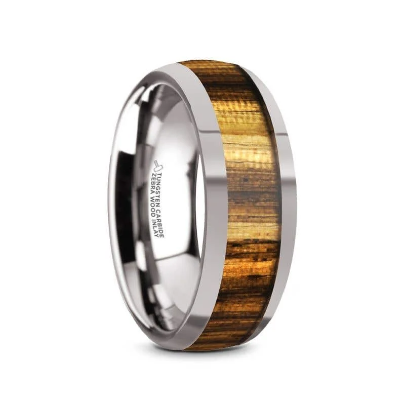 Men's hematite - ring for a metallic gray lusterThorsten TIGRE Tungsten Carbide Polished Finish Men’s Domed Wedding Band with Zebra Wood Inlay - 8mm Men's hematite - ring for a metallic gray lusterThorsten TIGRE Tungsten Carbide Polished Finish Men’s Domed Wedding Band with Zebra Wood Inlay - 8mm