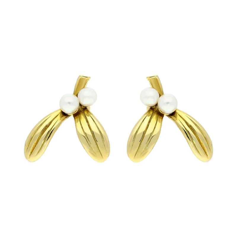 18ct Yellow Gold Pearl Mistletoe Stud Earrings