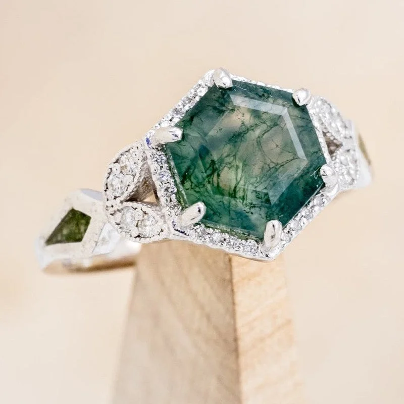 "LUCY IN THE SKY" - HEXAGON CUT MOSS AGATE ENGAGEMENT RING WITH DIAMOND HALO & MOSS INLAYS "LUCY IN THE SKY" - HEXAGON CUT MOSS AGATE ENGAGEMENT RING WITH DIAMOND HALO & MOSS INLAYS