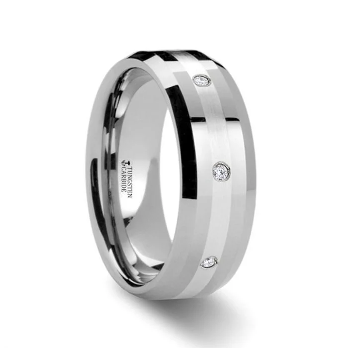 Men's classic silver wedding rings with simple bandsSTAFFORD Silver Inlaid Beveled Tungsten Diamond Wedding Band - 8mm Men's classic silver wedding rings with simple bandsSTAFFORD Silver Inlaid Beveled Tungsten Diamond Wedding Band - 8mm