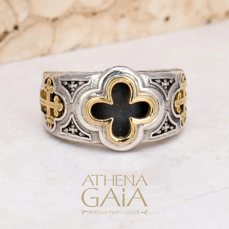 Floral - Patterned Women's Rings in 18K Yellow Gold for a Feminine LookOdysseus Open Crosses Band Ring Floral - Patterned Women's Rings in 18K Yellow Gold for a Feminine LookOdysseus Open Crosses Band Ring