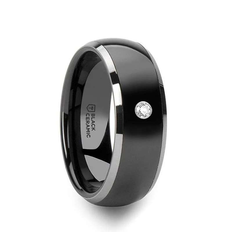 Men's meteorite - inlay rings for a cosmic touchThorsten GLENDALE Domed Black Ceramic Comfort Fit Wedding Band with Polished Tungsten Edges and White Diamond Setting - 8mm Men's meteorite - inlay rings for a cosmic touchThorsten GLENDALE Domed Black Ceramic Comfort Fit Wedding Band with Polished Tungsten Edges and White Diamond Setting - 8mm
