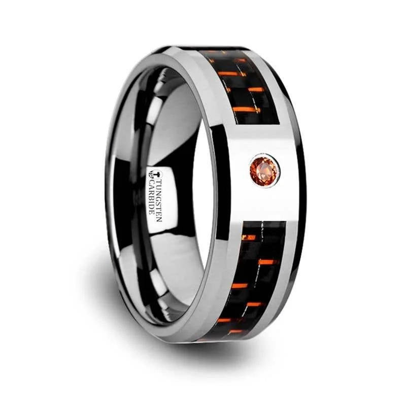 Men's rose - gold - plated rings for a trendy colorThorsten NOAH Tungsten Ring Black Orange Carbon Fiber Padparadscha Sapphire Setting - 8mm Men's rose - gold - plated rings for a trendy colorThorsten NOAH Tungsten Ring Black Orange Carbon Fiber Padparadscha Sapphire Setting - 8mm