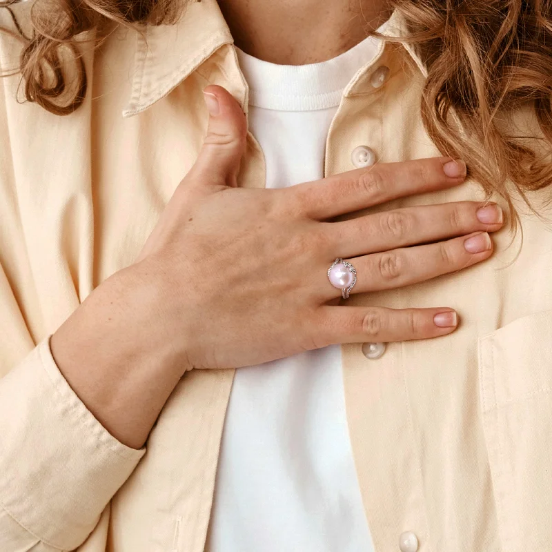 Miadora 12-12.5mm Button-Shaped Pink Cultured Freshwater Pearl and Diamond Accent Flower Split-Shank Ring in Sterling Silver Miadora 12-12.5mm Button-Shaped Pink Cultured Freshwater Pearl and Diamond Accent Flower Split-Shank Ring in Sterling Silver