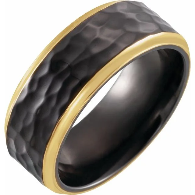 Men's glow - in - the - dark rings for a fun effect18K Yellow Gold PVD Black Titanium 8 mm Flat Band with Hammer Finish Men's glow - in - the - dark rings for a fun effect18K Yellow Gold PVD Black Titanium 8 mm Flat Band with Hammer Finish