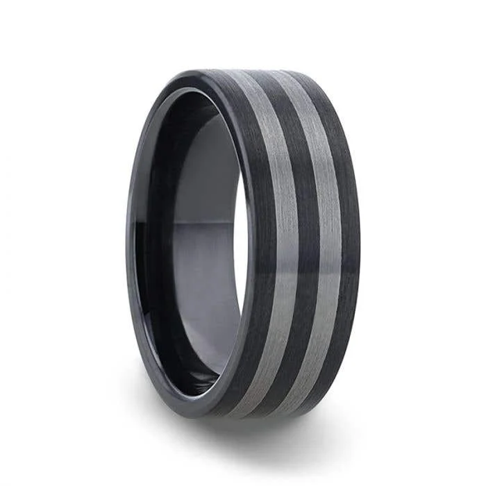 Men's oxidized silver rings for an antique lookThorsten BETA Ceramic ring with Tungsten Inlay With Flat Brushed Edges - 8mm Men's oxidized silver rings for an antique lookThorsten BETA Ceramic ring with Tungsten Inlay With Flat Brushed Edges - 8mm