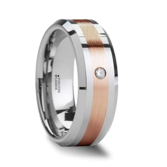 Men's cross - shaped rings for a religious statementENZO Rose Gold Inlaid Beveled Tungsten Ring with Diamond Men's cross - shaped rings for a religious statementENZO Rose Gold Inlaid Beveled Tungsten Ring with Diamond