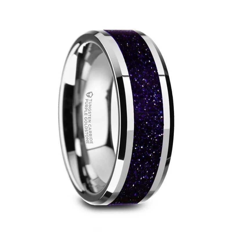 Men's Viking - inspired rings with ancient symbolsThorsten MAKI Beveled Polished Finish Tungsten Wedding Ring with Purple Goldstone Inlay - 8mm Men's Viking - inspired rings with ancient symbolsThorsten MAKI Beveled Polished Finish Tungsten Wedding Ring with Purple Goldstone Inlay - 8mm