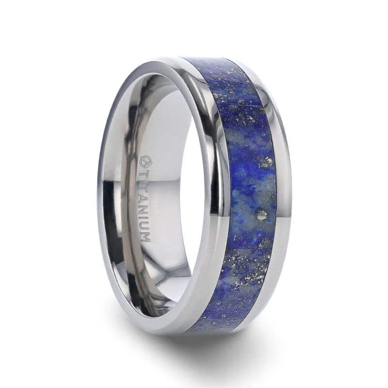 Men's citrine - studded rings for a sunny yellow shadeThorsten MALONE Titanium Men's Wedding Ring with Blue Lapis Inlay & Beveled Edges - 8mm Men's citrine - studded rings for a sunny yellow shadeThorsten MALONE Titanium Men's Wedding Ring with Blue Lapis Inlay & Beveled Edges - 8mm