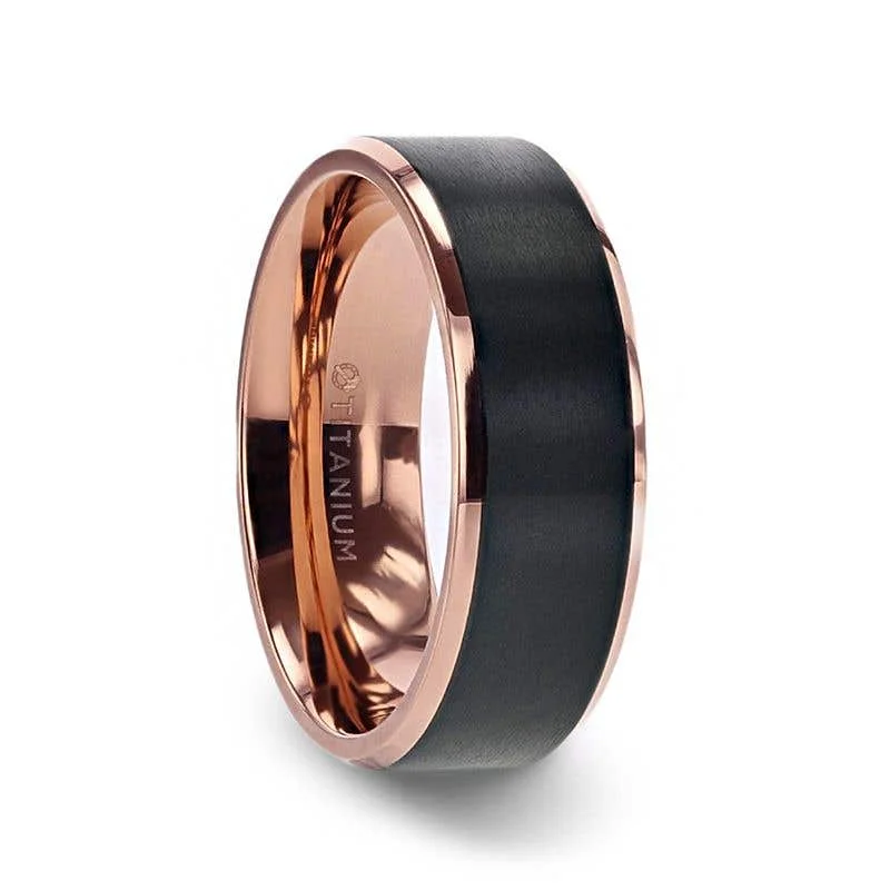 Men's sapphire - set rings for a royal blue hueThorsten STEPHEN Rose Gold Plated Black Titanium Flat Brushed Center Wedding Ring With Beveled Polished Edges - 6mm & 8mm Men's sapphire - set rings for a royal blue hueThorsten STEPHEN Rose Gold Plated Black Titanium Flat Brushed Center Wedding Ring With Beveled Polished Edges - 6mm & 8mm