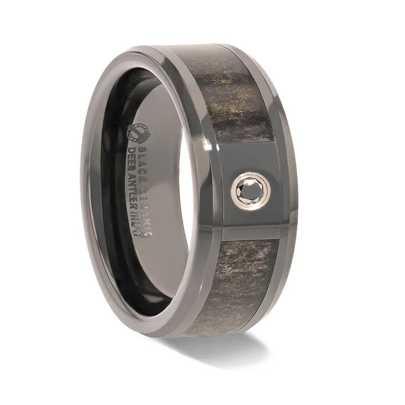 Men's lightweight rings for all - day comfortThorsten MONTANA Black Ceramic Ombre Deer Antler Inlay Polished Beveled Edges with Black Diamond - 8mm Men's lightweight rings for all - day comfortThorsten MONTANA Black Ceramic Ombre Deer Antler Inlay Polished Beveled Edges with Black Diamond - 8mm
