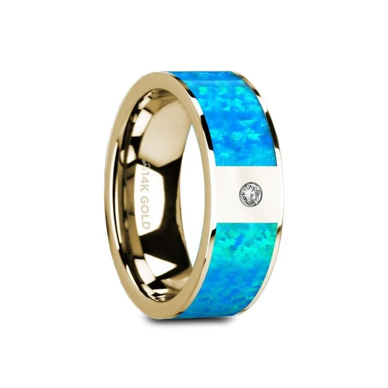 Men's Viking - inspired rings with ancient symbolsThorsten GELASIA 14K Yellow Gold with Blue Opal Inlay & White Diamond Setting Flat Band - 8mm - GELASIA Men's Viking - inspired rings with ancient symbolsThorsten GELASIA 14K Yellow Gold with Blue Opal Inlay & White Diamond Setting Flat Band - 8mm - GELASIA